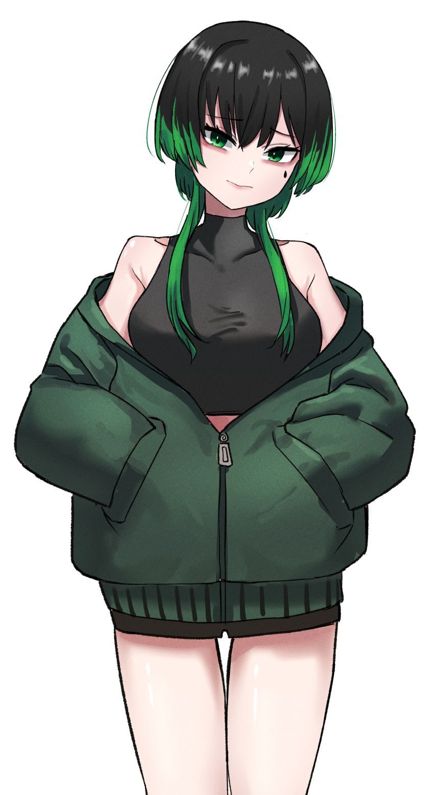 1girl, a5235, bare_shoulders, black_hair, black_shorts, breasts, cowboy_shot, crop_top