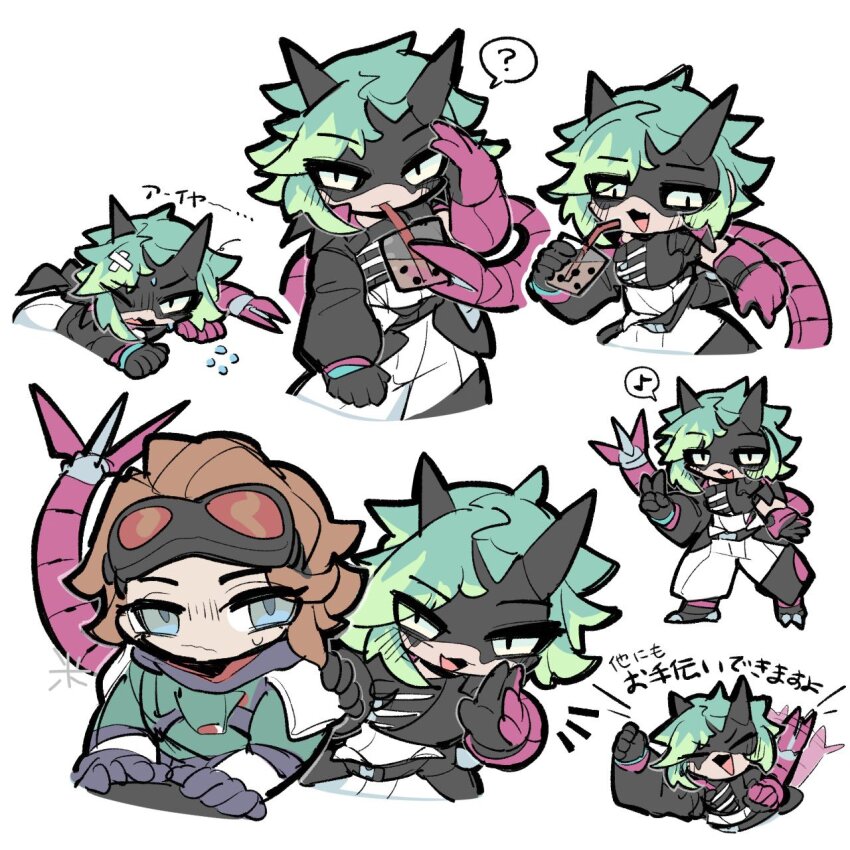 2girls, ?, alter_(apex_legends), animification, annoyed, apex_legends, bandaid, bandaid_on_head, black_gloves, blue_eyes, bodysuit, brown_hair, bubble_tea, chibi, drinking, frown, gloves, goggles, goggles_on_head, highres, holding, holding_with_tail, horizon_(apex_legends), looking_at_viewer, mechanical_tail, multiple_girls, musical_note, one_eye_closed, open_mouth, pink_gloves, prehensile_tail, rice_sugois, short_hair, speech_bubble, spoken_musical_note, sweat, tail, translation_request, v-shaped_eyebrows, white_background, white_bodysuit, white_eyes