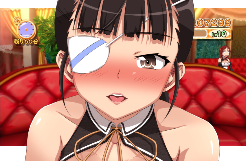 2girls, black_hair, blush, brown_eyes, cosplay, dream_c_club, dream_c_club_(series), eyepatch