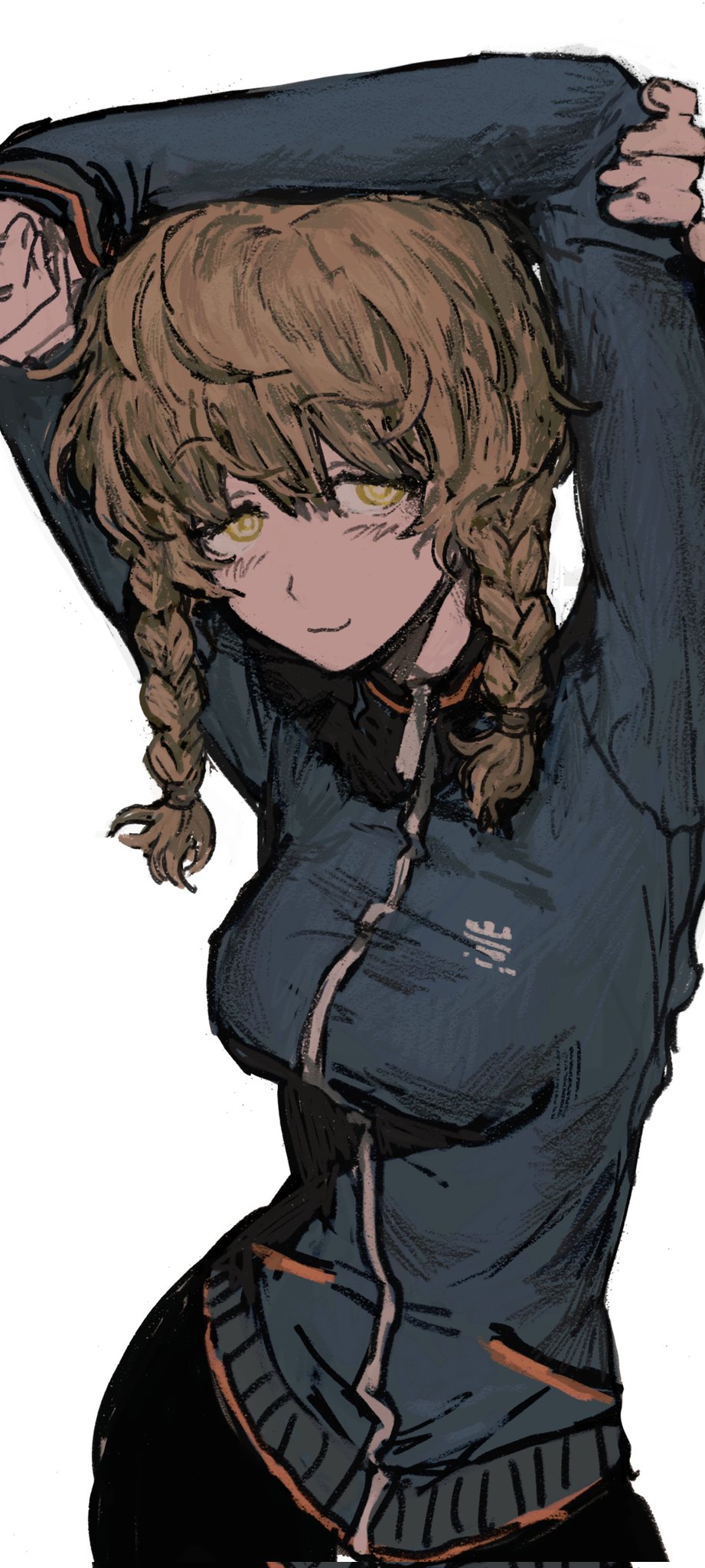 1girl, amane_suzuha, arms_up, bike_shorts, braid, breasts, brown_hair, closed_mouth, corrupted_twitter_file, cowboy_shot, hasu_art, highres, jacket, long_sleeves, looking_at_viewer, science_adventure, simple_background, small_breasts, smile, solo, standing, steins;gate, track_jacket, twin_braids, white_background, yellow_eyes, zipper, zipper_pull_tab