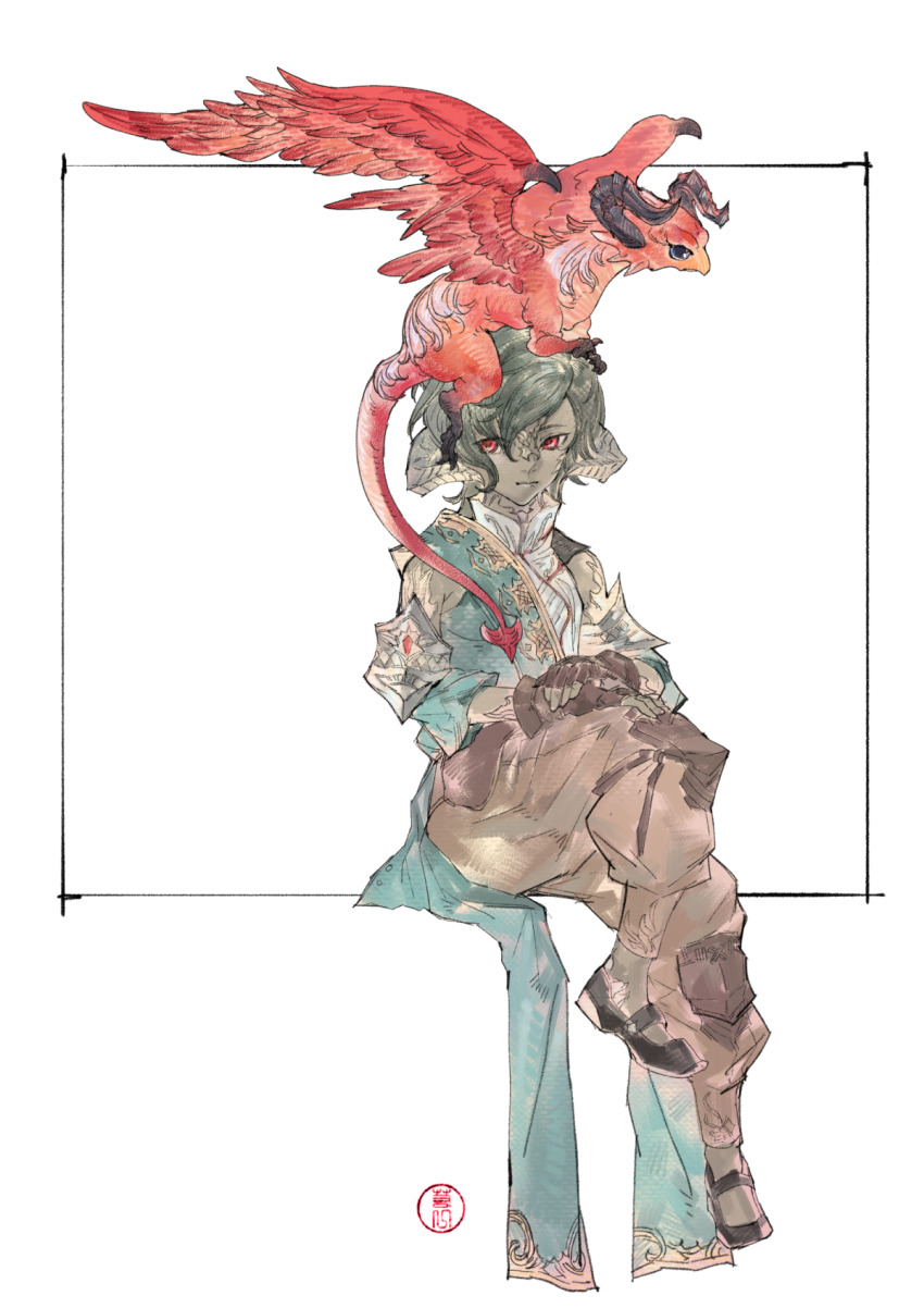 1boy, artist_name, au_ra, azdaja_(ff14), black_footwear, brother_and_sister, brown_gloves, brown_pants