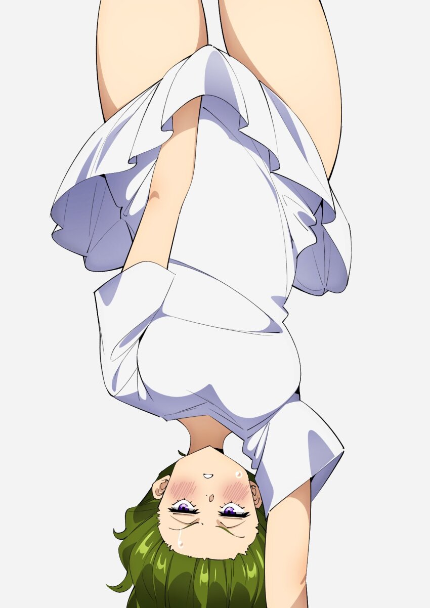 blush, breasts, covering_crotch, covering_privates, feet_out_of_frame, furrowed_brow, green_hair, handstand