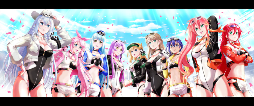 agnes_claudel, black_gloves, blonde_hair, blue_eyes, blue_hair, blue_sky, blush, bow