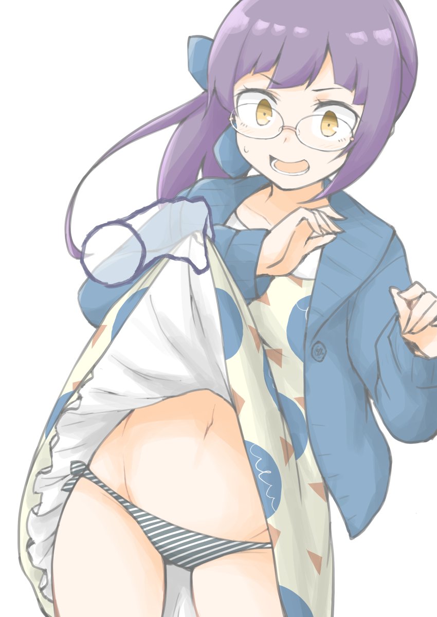 1girl, ahoge, akara_kai, alternate_costume, black_hair, blue_jacket, blush, clothes_lift, dress, dress_lift, embarrassed, fujinami_(autumn)_(kancolle), fujinami_(kancolle), glasses, hair_ribbon, highres, jacket, kantai_collection, long_hair, long_sleeves, official_alternate_costume, open_mouth, panties, ribbon, shirt, side_ponytail, striped_clothes, striped_panties, sweatdrop, underwear, yellow_dress, yellow_eyes