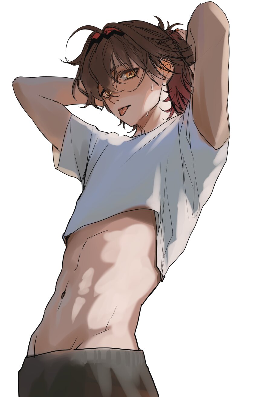 1boy, absurdres, black_pants, brown_hair, gaming_(genshin_impact), genshin_impact, hair_between_eyes, highres, looking_at_viewer, male_focus, merururuu, multicolored_hair, navel, open_clothes, open_shirt, pants, red_hair, shirt, smile, solo, stomach, t-shirt, tongue, tongue_out, white_background, white_shirt