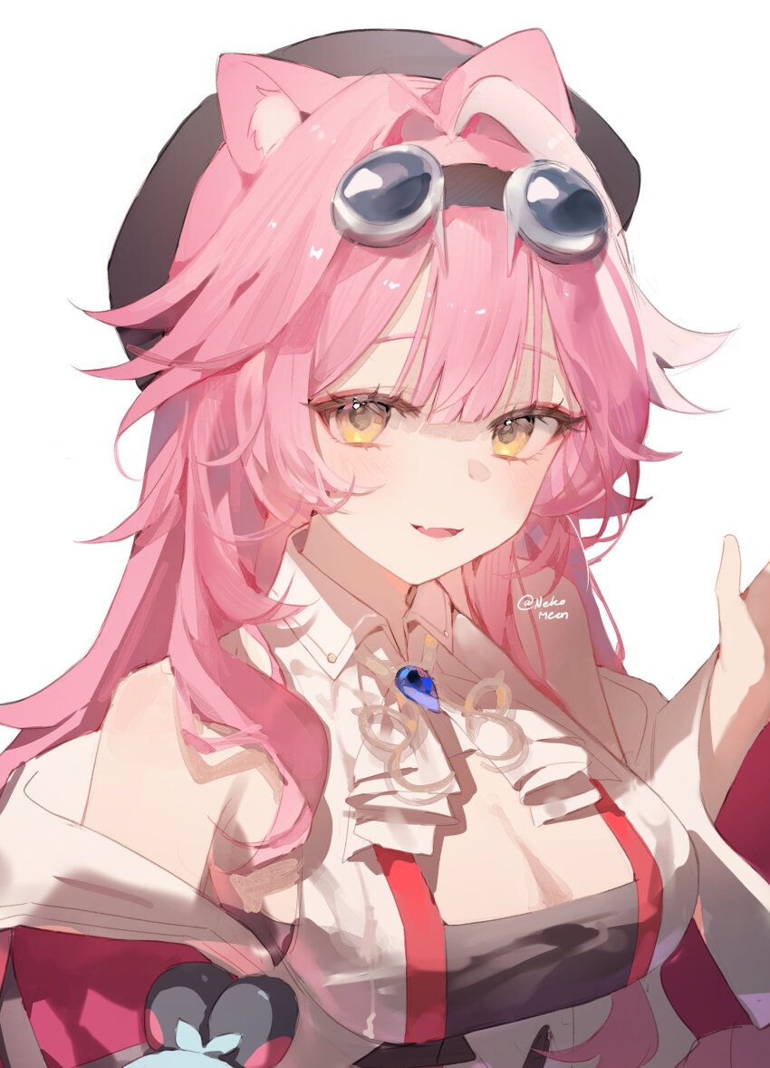 1girl, absurdres, animal_ears, artist_name, bare_shoulders, beret, black_hat, blush