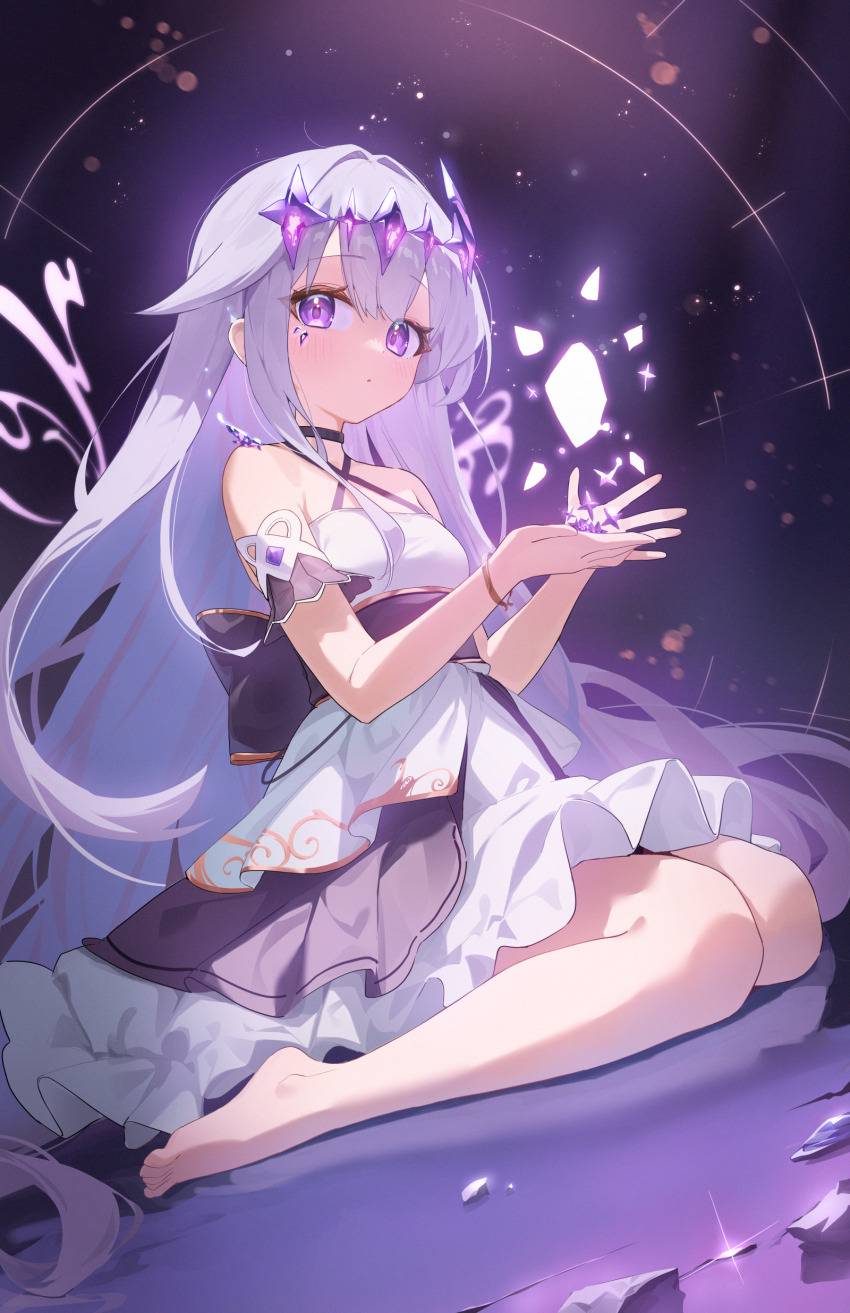 1girl, absurdres, bare_legs, bare_shoulders, barefoot, breasts, choker, circlet