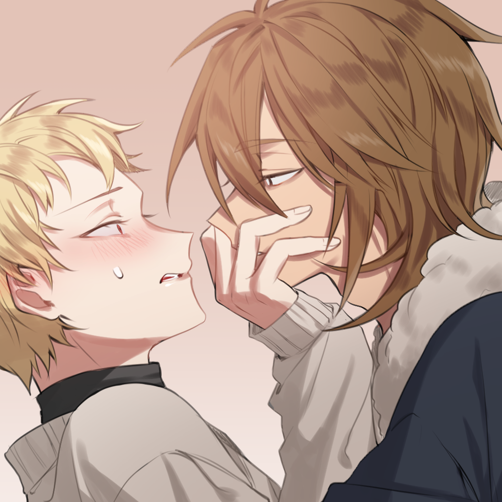 2boys, atou_haruki, black_jacket, black_sweater, blonde_hair, blush, brown_hair, commentary_request
