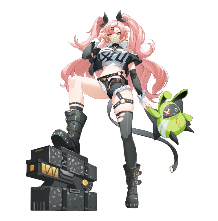 1girl, bare_shoulders, black_boots, black_jacket, black_ribbon, black_shorts, black_thighhighs, blowing_bubble_gum, blowing_bubbles, boots, chewing_gum, guquenanfei, hair_ribbon, holding, jacket, long_sleeves, midriff, nicole_demara, open_clothes, open_jacket, pink_hair, ribbon, short_shorts, shorts, solo, stomach, strapless, thighhighs, thighs, tube_top, two_side_up, zenless_zone_zero