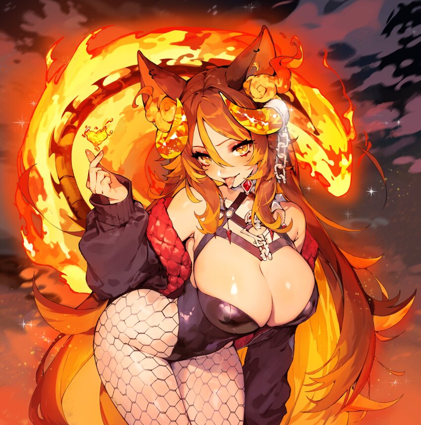 1girl, absurdres, animal_ears, ayumeyatto, black_leotard, breasts, brown_hair, chain, demon_horns, fiery_ears, finger_heart, fishnet_pantyhose, fishnets, hand_up, heart, highres, horns, indie_virtual_youtuber, jacket, large_breasts, leotard, long_hair, long_sleeves, looking_at_viewer, multicolored_hair, orange_fire, pantyhose, sinder_(vtuber), sinder_(demon_form)_(vtuber), skeletal_tail, solo, streaked_hair, tail, virtual_youtuber, wolf_ears, wolf_girl