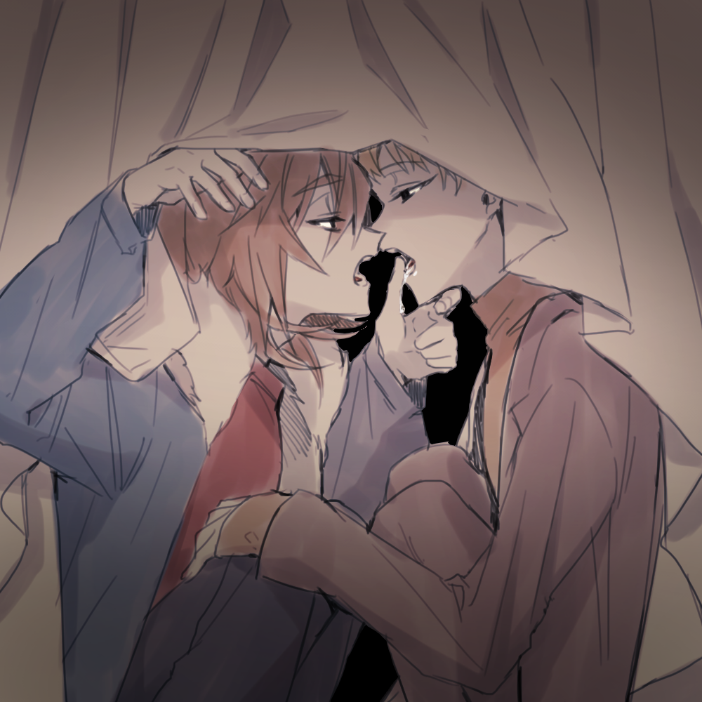 2boys, atou_haruki, black_pants, blonde_hair, blue_jacket, brown_hair, brown_jacket, brown_pants