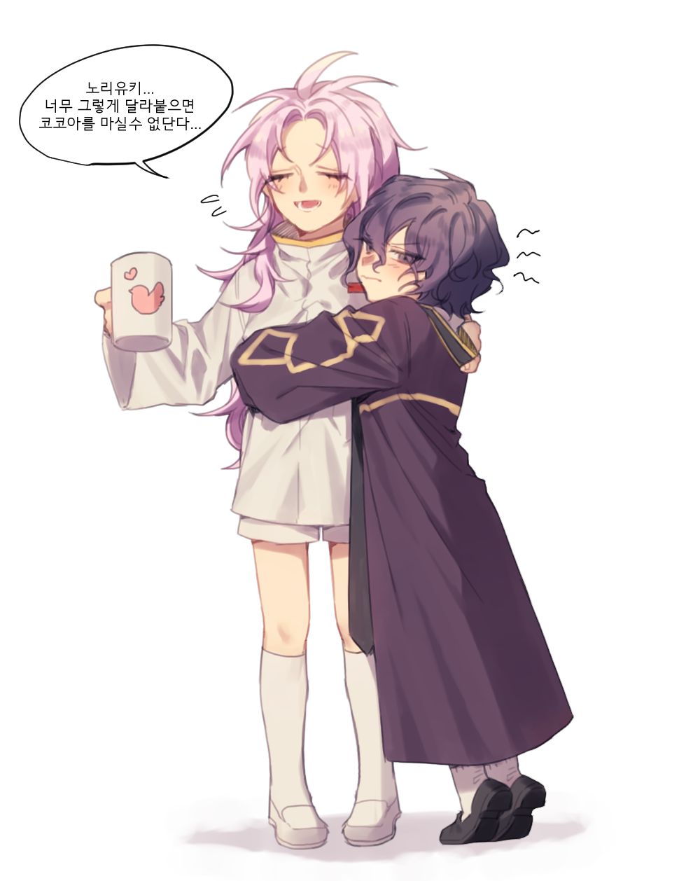 2boys, aged_down, black_shoes, closed_eyes, closed_mouth, commentary_request, flying_sweatdrops, hair_between_eyes