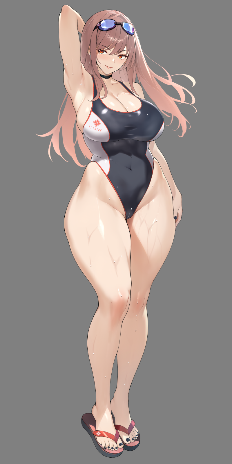 1girl, arm_behind_head, arm_up, armpits, black_nails, black_one-piece_swimsuit, breasts, closed_mouth, feet, full_body, goddess_of_victory:_nikke, goggles, goggles_on_head, hand_on_own_thigh, highleg, highleg_one-piece_swimsuit, highres, large_breasts, looking_at_viewer, nail_polish, nanabe_78, one-piece_swimsuit, rapi_(classic_vacation)_(nikke), rapi_(nikke), smile, solo, sweat, swimsuit, thick_thighs, thighs, toenail_polish, toenails, two-tone_swimsuit, white_one-piece_swimsuit, wide_hips