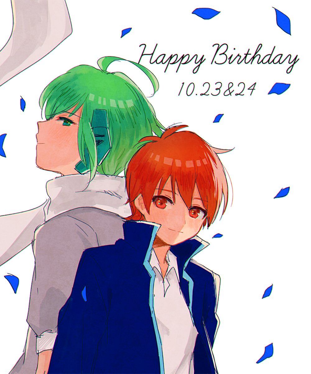 2boys, ahoge, bemani, blue_jacket, dated, eyelashes, falling_petals, fuga_(pop'n_music), green_eyes, green_hair, grey_scarf, grey_shirt, happy_birthday, highres, jacket, male_focus, multiple_boys, petals, pikara, pop'n_music, red_eyes, red_hair, retsu_(pop'n_music), scarf, shirt, short_hair, smile, white_background
