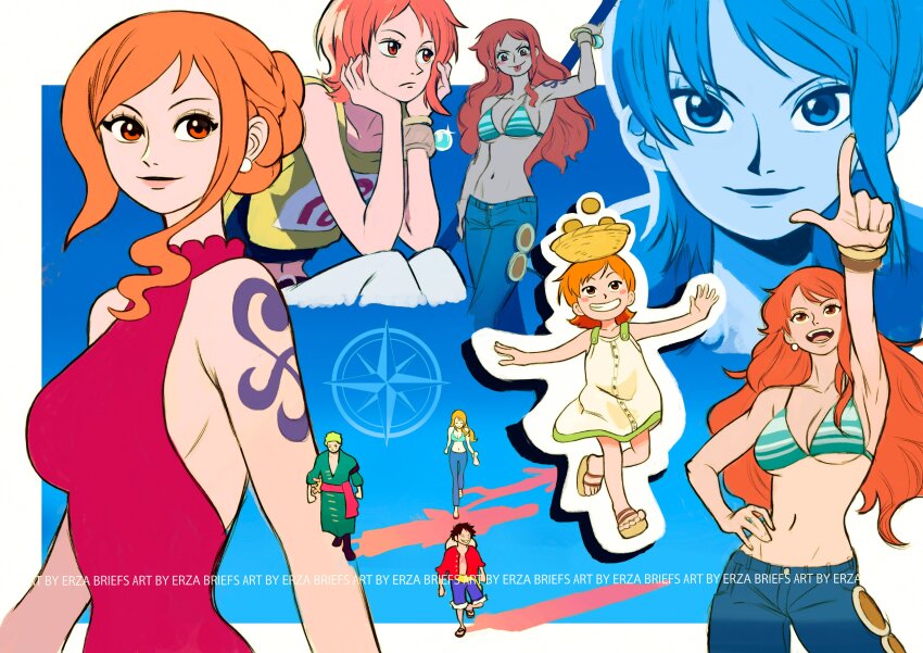 1girl, 2boys, absurdres, aged_down, artist_name, bangle, bare_arms, bare_shoulders, bikini, bikini_top_only, birthday, black_hair, blue_pants, blue_shorts, blush, border, bracelet, breasts, child, closed_mouth, collarbone, commentary, compass, cowboy_shot, denim, dress, earrings, elbow_rest, english_commentary, erza_briefs, feet_out_of_frame, full_body, green_bikini, green_hair, grin, hand_on_own_hip, hands_on_own_face, highres, holding, holding_staff, index_finger_raised, jeans, jewelry, large_breasts, long_hair, looking_at_viewer, looking_up, midriff, monkey_d._luffy, multiple_boys, multiple_views, nami_(one_piece), nami_(one_piece)_(long_ring_long_land), nami_(one_piece)_(return_to_sabaody), nami_(one_piece)_(whole_cake_island), navel, official_alternate_costume, one_piece, open_mouth, orange_eyes, orange_hair, outside_border, outstretched_arms, pants, pearl_earrings, pointing, pointing_up, red_dress, red_vest, roronoa_zoro, sandals, shirt, short_hair, shorts, shoulder_tattoo, single_sidelock, sitting, sleeveless, sleeveless_dress, sleeveless_shirt, smile, staff, swimsuit, tattoo, tongue, tongue_out, upper_body, vest, walking, wavy_hair, white_border, white_pants