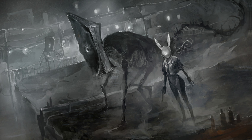 1girl, book_head, bottle, building, commentary_request, cover, textless_cover_page, cover_page, gun, highres, holding, holding_gun, holding_weapon, horror_(theme), kohata_(kohatazuke), lamppost, mask, monochrome, monster, monster_focus, night, novel_cover, on_railing, on_roof, one-eyed, original, outdoors, power_lines, rabbit_mask, railing, science_fiction, sharp_teeth, size_difference, tail, teeth, utility_pole, weapon