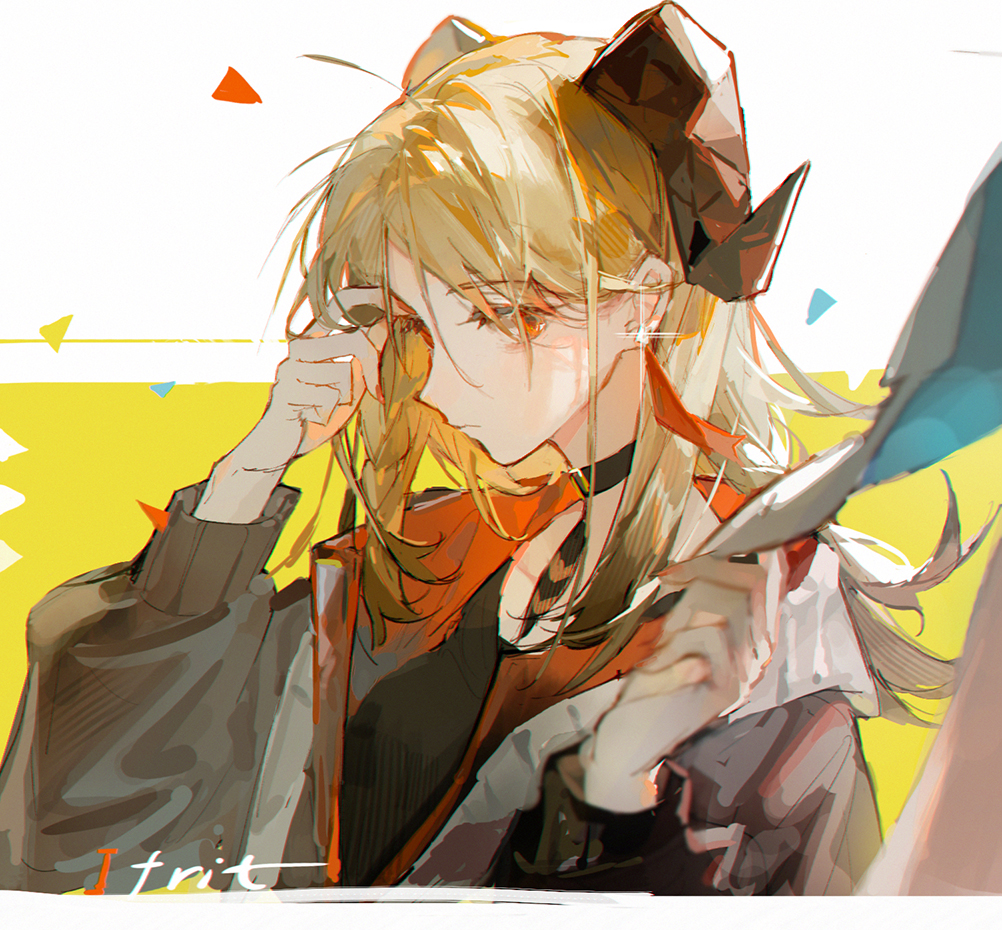 1girl, arknights, black_choker, black_shirt, blonde_hair, character_name, choker, closed_mouth