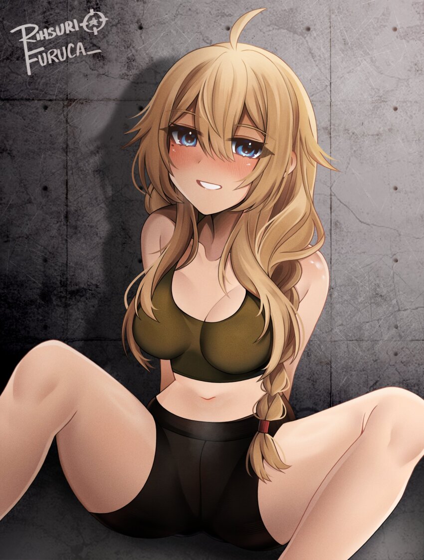 1girl, absurdres, ahoge, artist_name, bike_shorts, black_shorts, blonde_hair, blue_eyes