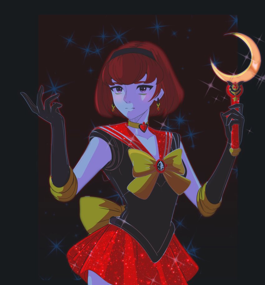 1girl, alternate_costume, back_bow, big_o_(mecha), bishoujo_senshi_sailor_moon, black_background, black_border, black_gloves