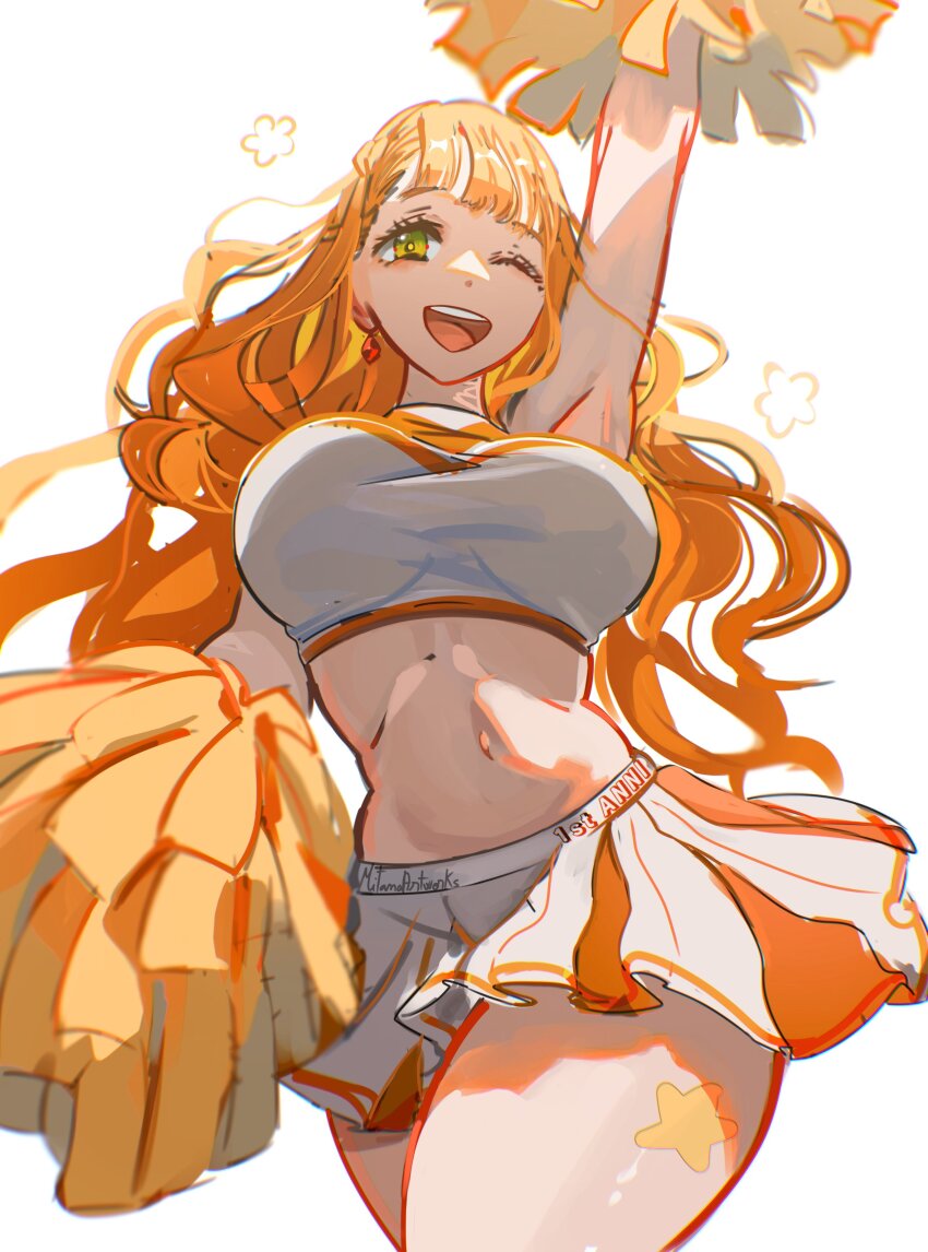 1girl, absurdres, alternate_costume, black_clover, cheering, cheerleader, crop_top, green_eyes, highres, holding, holding_pom_poms, midriff, mimosa_vermillion, miniskirt, mitanaartworks, navel, orange_hair, pom_pom_(cheerleading), pom_poms, simple_background, skirt, solo, white_background, white_skirt
