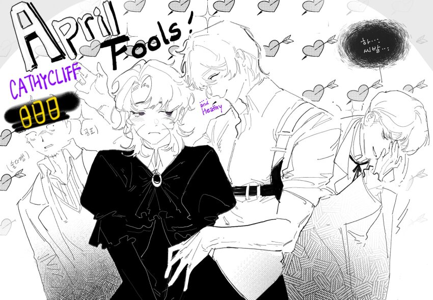 1girl, 3boys, black_dress, blush, catherine_(project_moon), chest_harness, closed_eyes, collared_shirt