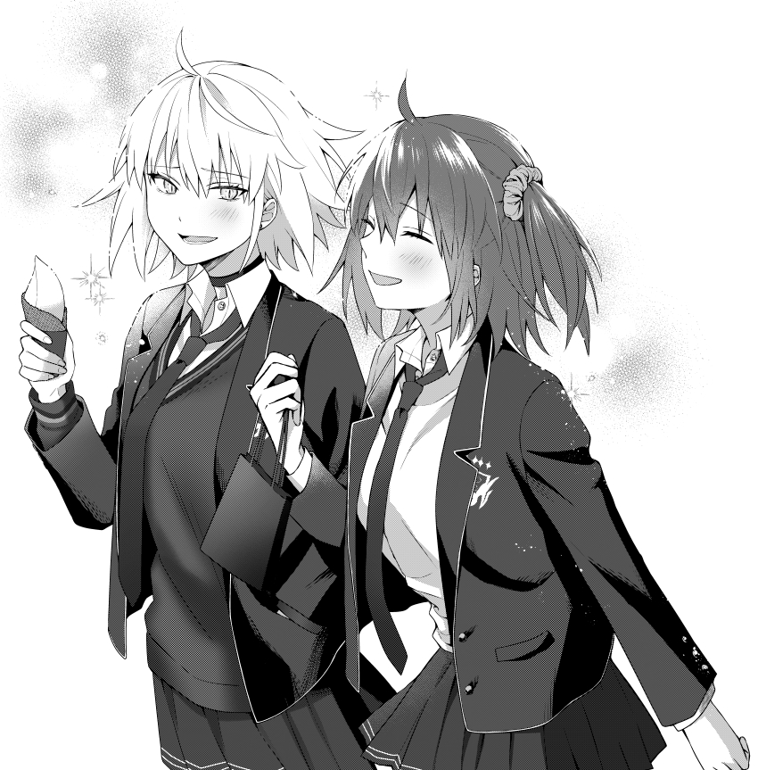 2girls, absurdres, ahoge, bag, blush, cardigan, choker, closed_eyes