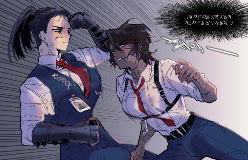 2girls, belt, black_eyes, black_hair, black_vest, brown_hair, chest_harness, clenched_teeth, collared_shirt, dark-skinned_female, dark_skin, gauntlets, genderswap, genderswap_(mtf), harness, heathcliff_(project_moon), high_ponytail, highres, id_card, korean_commentary, korean_text, limbus_company, looking_to_the_side, messy_hair, meursault_(project_moon), motion_lines, multiple_girls, multiple_scars, necktie, nyak_138, pants, ponytail, project_moon, purple_eyes, red_necktie, scar, scar_on_face, scars_all_over, shirt, speed_lines, straight_hair, teeth, too_many, vest, white_shirt