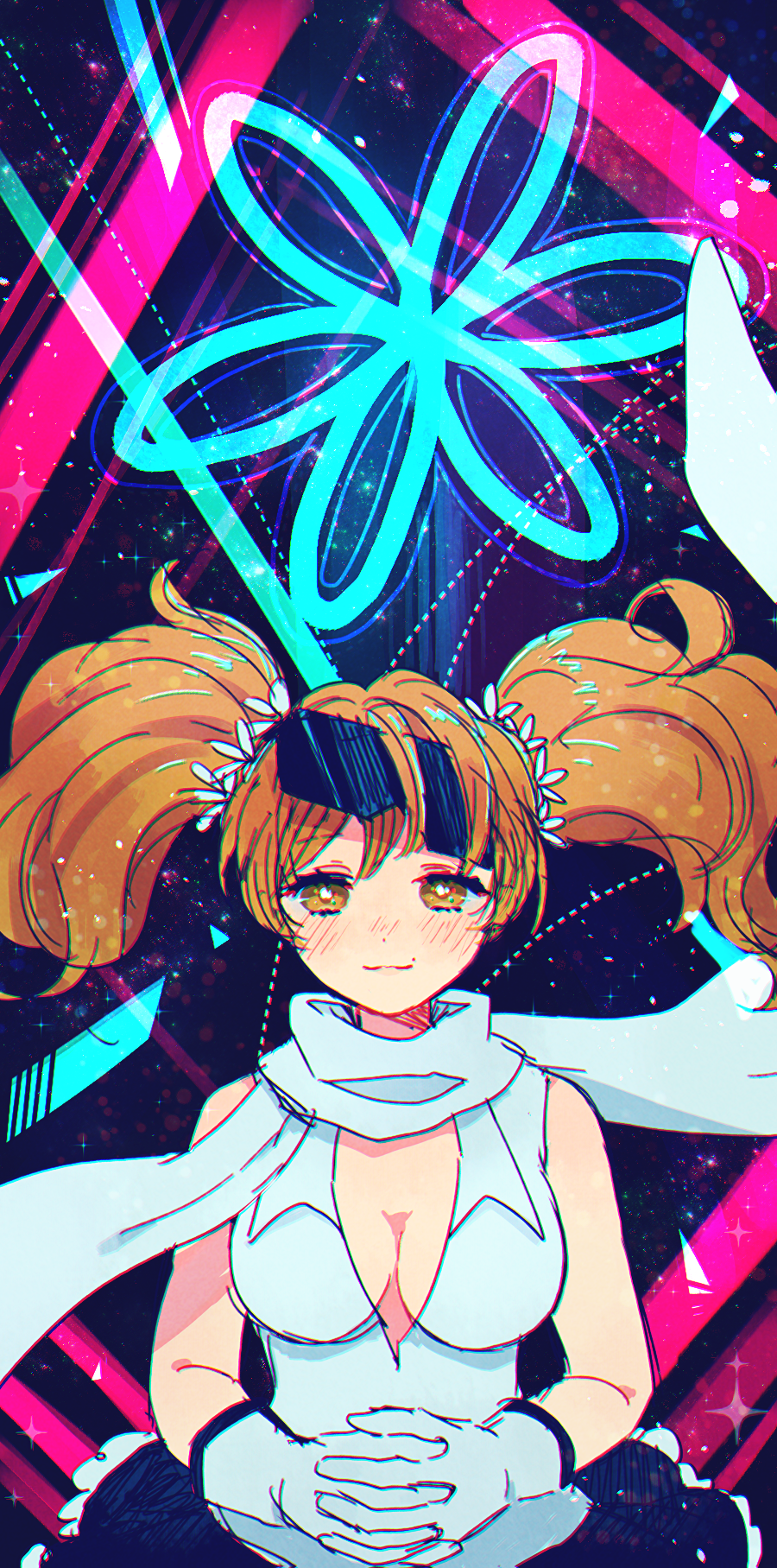 1girl, bemani, blush, breasts, brown_hair, character_request, cleavage, closed_mouth