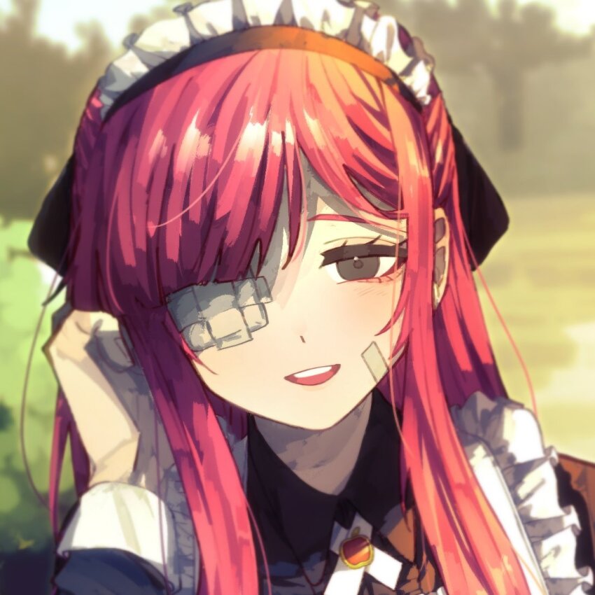 1girl, apple_brooch, apron, bandaid, bandaid_on_face, brooch, cross_tie, gauze, gauze_over_eye, hand_up, jewelry, limbus_company, long_hair, looking_at_viewer, maid, maid_apron, maid_headdress, open_mouth, pink_hair, pmchell_04, portrait, project_moon, sidelocks, smile, solo, very_long_hair, yuri_(project_moon)