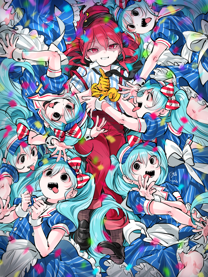 4ding, 6+girls, black_eyes, black_footwear, black_mouth, black_necktie, blue_dress, blue_hair