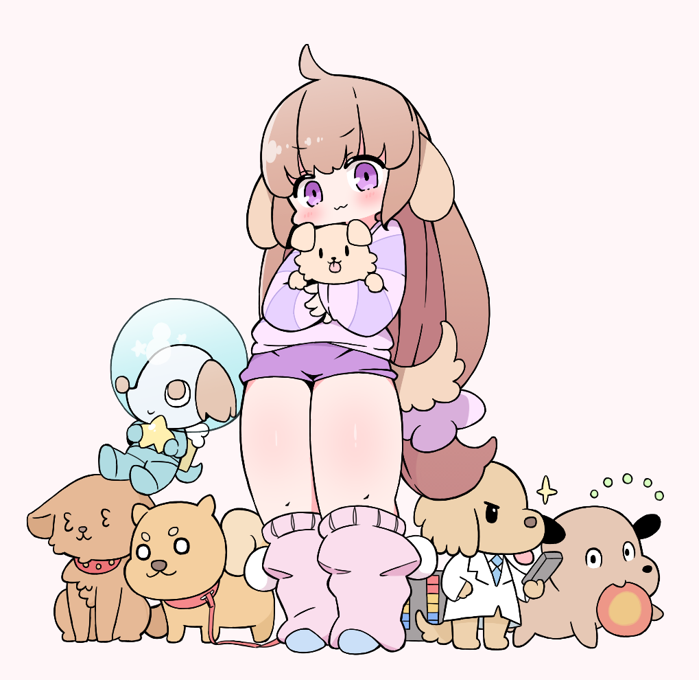1girl, :3, animal, animal_ears, ash_(pop'n_music), bemani, blue_necktie, brown_dog, brown_hair, cancam, character_request, coat, dog, dog_ears, dog_girl, dog_tail, dr._jj, full_body, helmet, holding, holding_animal, holding_dog, humanization, kiosk_(artist), leg_warmers, long_sleeves, necktie, pink_background, pochiko_(pop'n_music), pop'n_music, purple_eyes, purple_leg_warmers, purple_shorts, sergei_(pop'n_music), shirt, shorts, space_helmet, sparkle, striped_clothes, striped_shirt, tail, white_coat