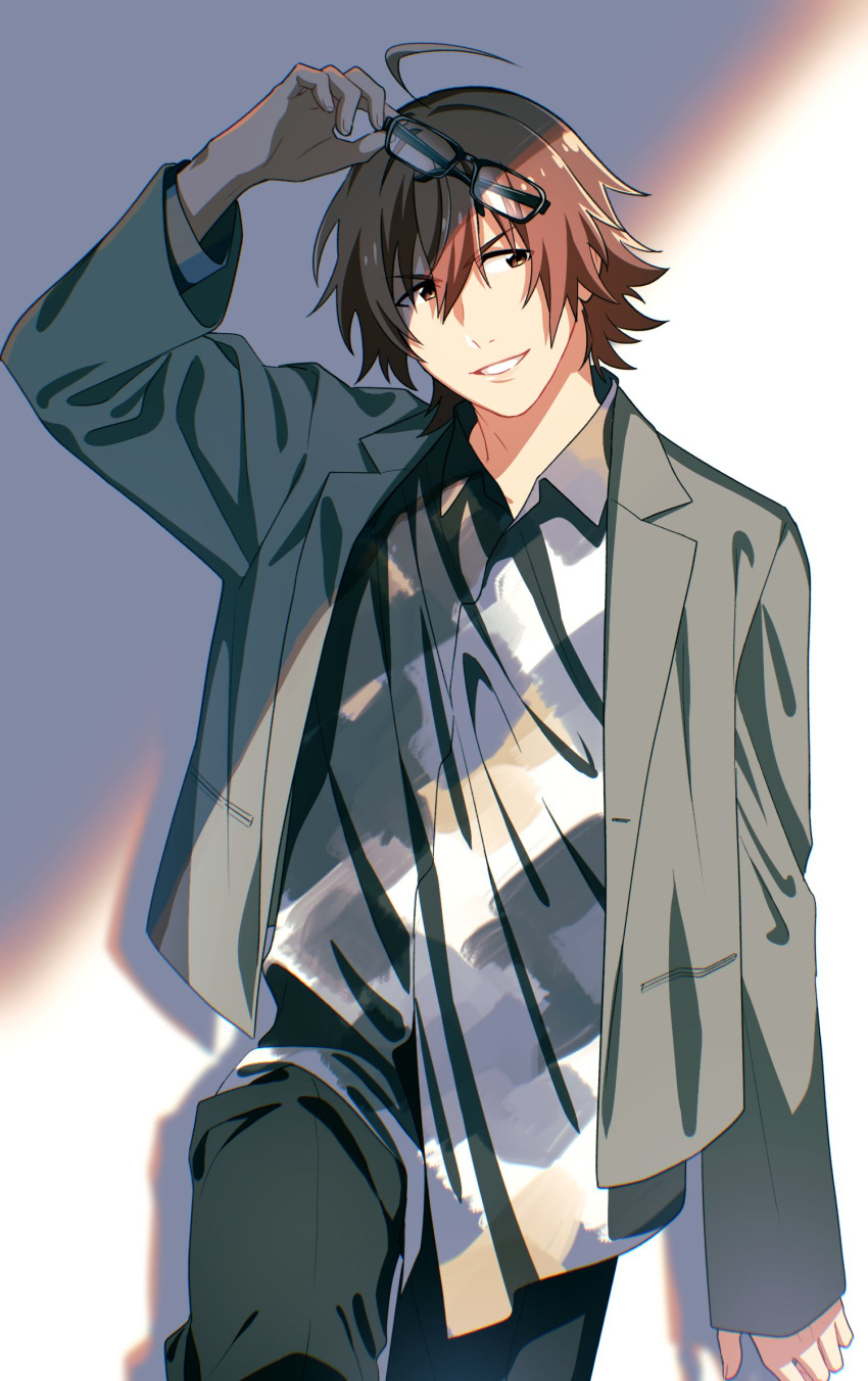 1boy, ahoge, amagase_touma, black_pants, brown_eyes, brown_hair, green_jacket, highres
