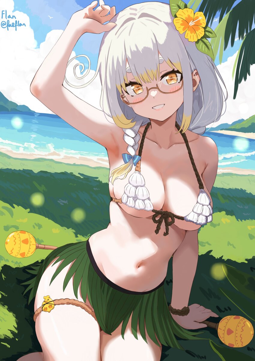 1girl, absurdres, arm_above_head, beach, bikini, blush, braid, breasts