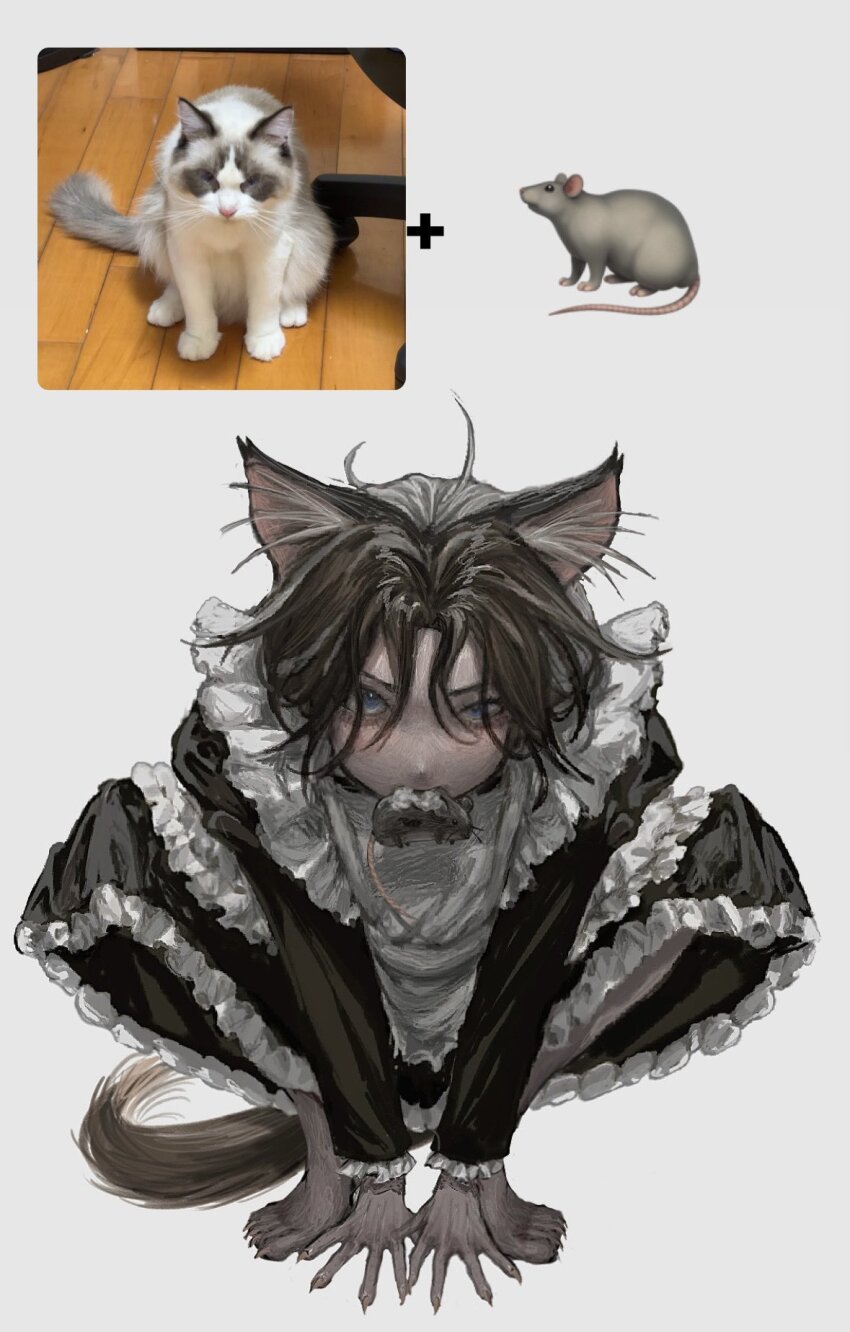 1girl, 31llust, all_fours, animal_ear_fluff, animal_ears, animal_feet, animal_hands, apron, black_dress, blue_eyes, brown_hair, cat_ears, cat_girl, cat_tail, claws, commentary_request, dress, full_body, grey_background, highres, juliet_sleeves, long_sleeves, looking_at_viewer, maid, maid_apron, monster_girl, mouse_(animal), mouth_hold, original, puffy_sleeves, reference_inset, short_hair, simple_background, solo, squatting, stuffed_animal, stuffed_mouse, stuffed_toy, tail, uneven_eyes