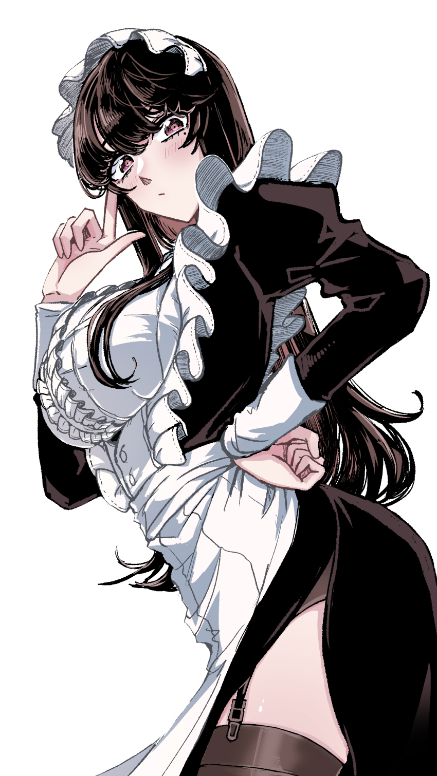 1girl, absurdres, apron, black_dress, black_hair, black_thighhighs, breasts, brown_eyes