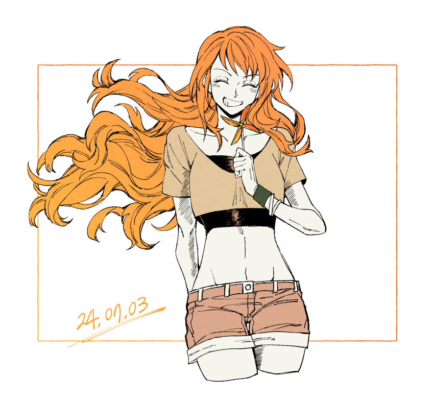 1girl, alternate_costume, arm_behind_back, bangle, birthday, blush, bracelet, brown_shorts