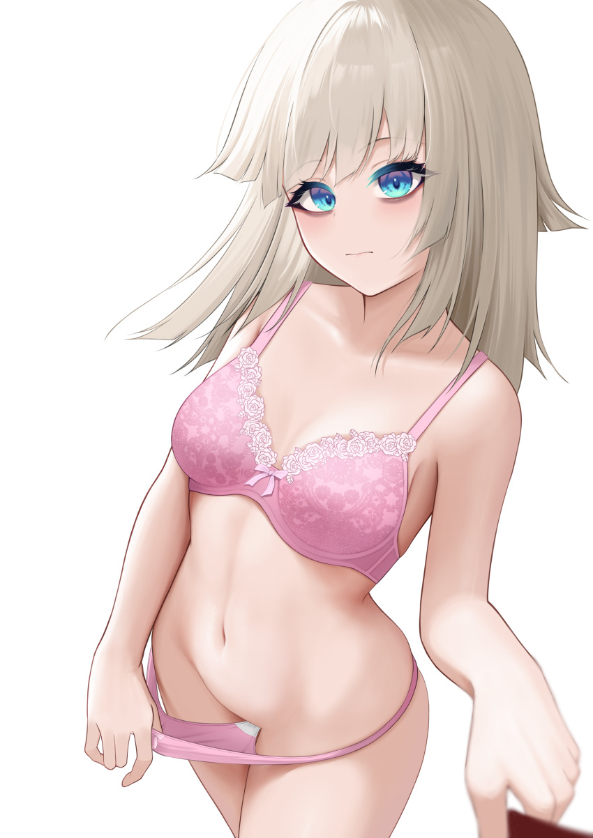 1girl, aa-12_(girls'_frontline), absurdres, bags_under_eyes, blue_eyes, bra, breasts, cleavage, closed_mouth, codename696, collarbone, from_above, girls'_frontline, highres, light_brown_hair, navel, panties, panty_lift, pink_bra, pink_panties, underwear, underwear_only, white_background