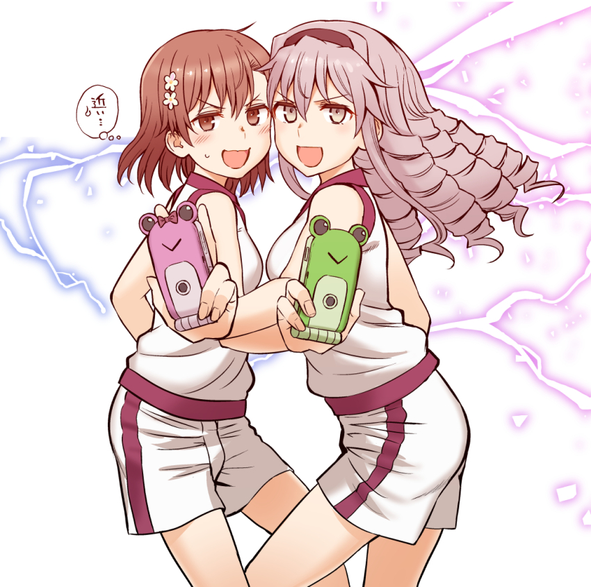 2girls, :d, astral_buddy, blush, bow, breasts, brown_eyes, brown_hair