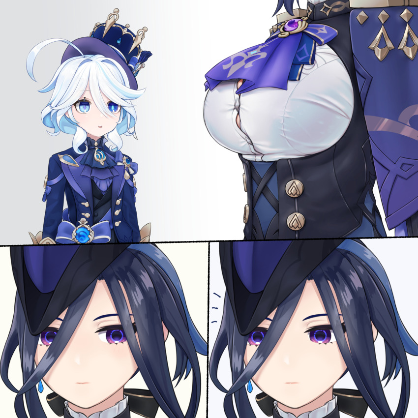 2girls, ahoge, akaika_(aka), ascot, black_hair, black_shirt, blue_ascot, blue_capelet, blue_eyes, blue_hat, blue_jacket, breasts, brooch, capelet, clorinde_(genshin_impact), corset, earrings, furina_(genshin_impact), genshin_impact, grey_background, hair_between_eyes, hat, highres, jacket, jewelry, large_breasts, long_hair_between_eyes, multiple_girls, parted_lips, purple_eyes, shirt, short_hair, top_hat, tricorne, upper_body, white_hair, white_shirt