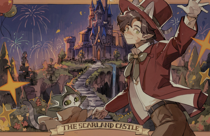 1boy, adapted_costume, belt, bow, bowtie, castle, cat, cosplay