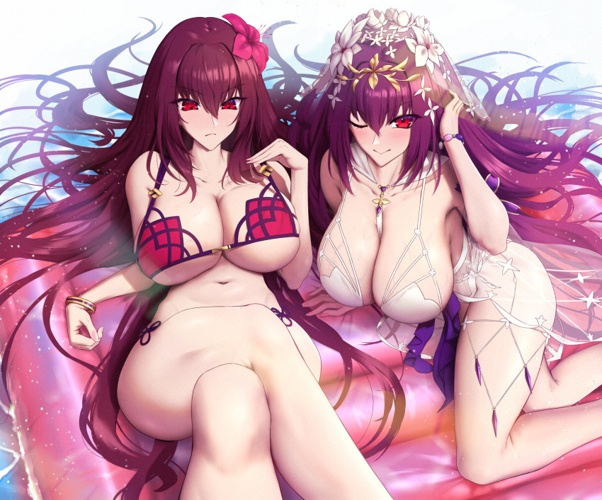 2girls, ;), bikini, bracelet, breasts, cleavage, collarbone, crossed_legs, dual_persona, fate/grand_order, fate_(series), flower, hair_flower, hair_ornament, hair_spread_out, hibiscus, highres, inflatable_raft, jewelry, large_breasts, long_hair, multiple_girls, navel, one-piece_swimsuit, one_eye_closed, purple_hair, red_bikini, red_eyes, red_flower, scathach_(fate), scathach_(fate/grand_order), scathach_(swimsuit_assassin)_(fate), scathach-skadi_(fate), scathach-skadi_(swimsuit_ruler)_(third_ascension)_(fate), shiroshisu, smile, stomach, swimsuit, thighs, tiara, very_long_hair, water, white_flower, white_one-piece_swimsuit