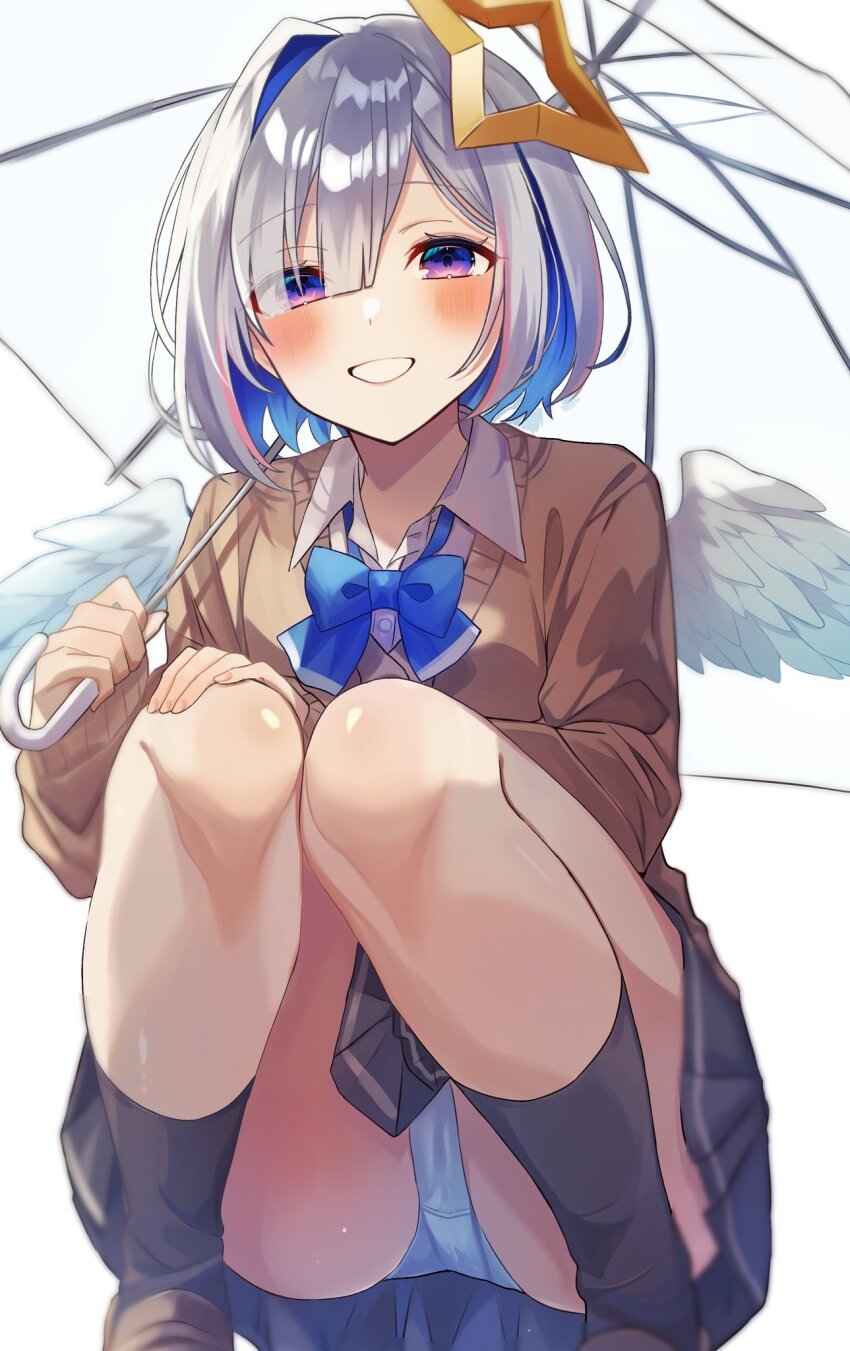 1girl, alternate_costume, amane_kanata, angel_wings, asymmetrical_bangs, asymmetrical_hair, black_socks, blue_bow