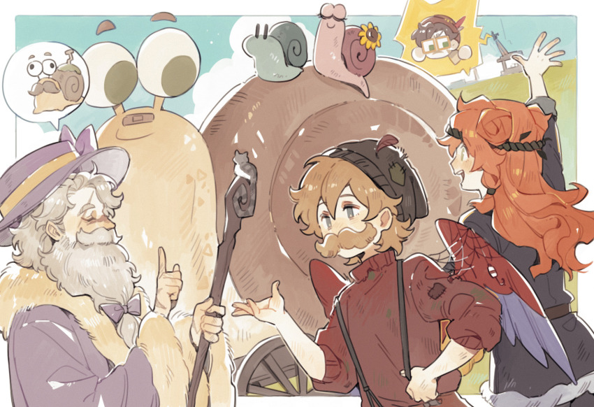 1girl, 2boys, beard, bird_boy, bird_wings, bow, double_bun, facial_hair