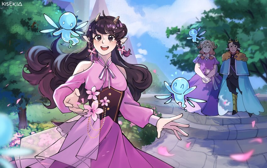 1boy, 2girls, allay, animal_ears, brown_hair, cloud, dress, empires_smp