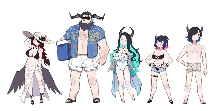 2boys, 3girls, aqua_hair, aradia_ravencroft, arm_hair, bikini, black_bikini, black_hair