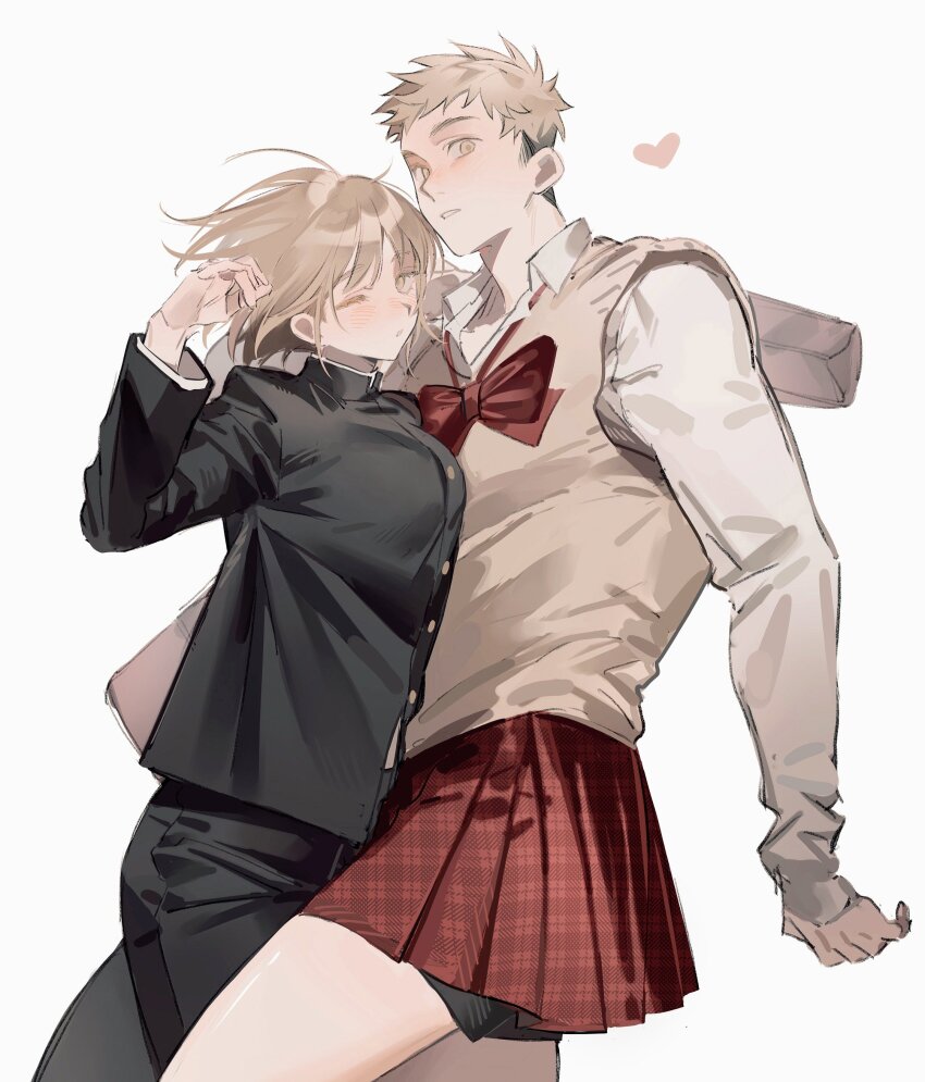 1boy, 1girl, absurdres, alternate_costume, black_jacket, black_pants, blonde_hair, bow