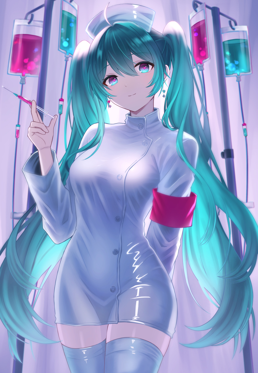 1girl, absurdres, ahoge, aqua_eyes, aqua_hair, armband, blue_dress, blue_thighhighs, blue_uniform, breasts, buttons, closed_mouth, commentary, dress, earrings, floating_earrings, funaki_kanase, hair_between_eyes, hand_up, hat, hatsune_miku, heart, heart-shaped_pupils, heart_earrings, highres, holding, holding_syringe, intravenous_drip, jewelry, long_hair, long_sleeves, looking_at_viewer, medium_breasts, nurse, nurse_cap, pink_armband, smile, solo, standing, symbol-shaped_pupils, syringe, thighhighs, turtleneck, turtleneck_dress, twintails, very_long_hair, vocaloid, zettai_ryouiki