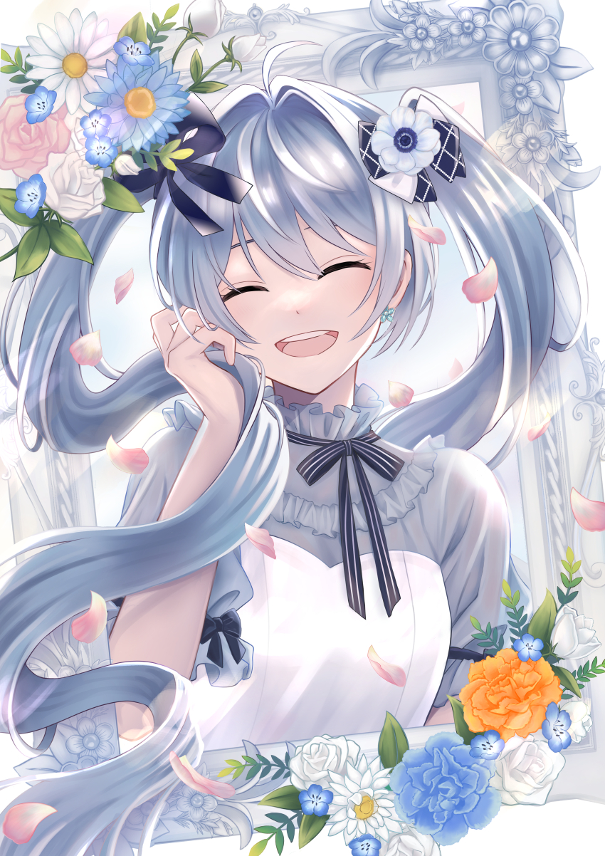 1girl, ^_^, absurdres, ahoge, apron, blue_dress, blue_flower, blue_hair