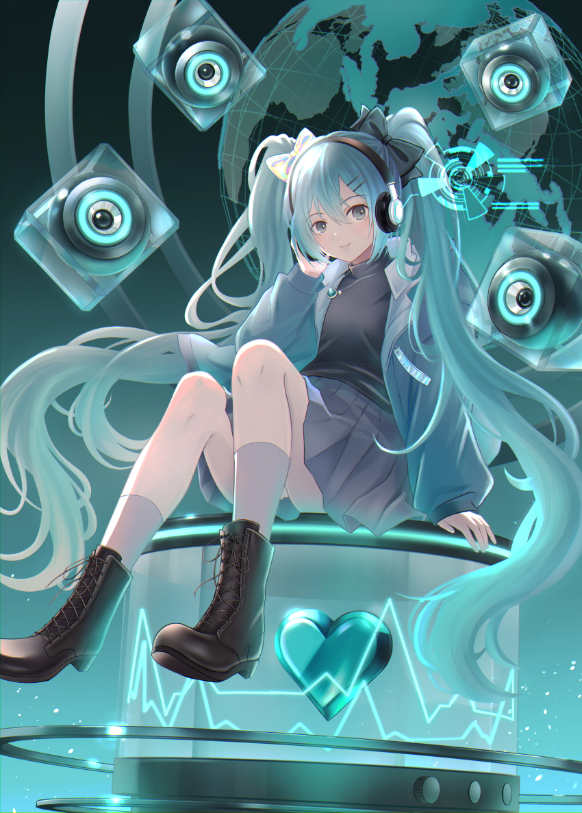 1girl, absurdres, aqua_hair, aqua_jacket, aqua_theme, black_boots, black_bow, blue_eyes