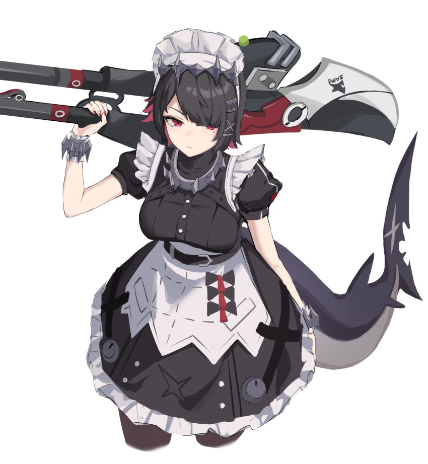 1girl, absurdres, black_dress, black_hair, breasts, colored_inner_hair, dress, ellen_joe, fins, fish_tail, frilled_wristband, hairband, highres, holding, holding_weapon, jin_(7kijin), maid, maid_headdress, metal_hairband, mole, mole_under_eye, multicolored_hair, nail_polish, pantyhose, puffy_short_sleeves, puffy_sleeves, red_eyes, red_hair, red_nails, scar, scar_on_tail, shark_girl, shark_tail, short_hair, short_sleeves, solo, spiked_headband, tail, weapon, zenless_zone_zero